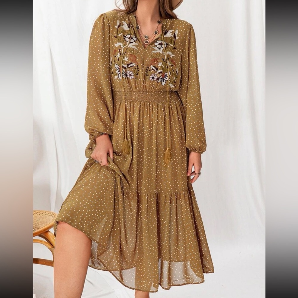 Boho Plus Size Embroidery Ruffle Hem Dress Without Belt Yellow Mustard - Picture 5 of 5
